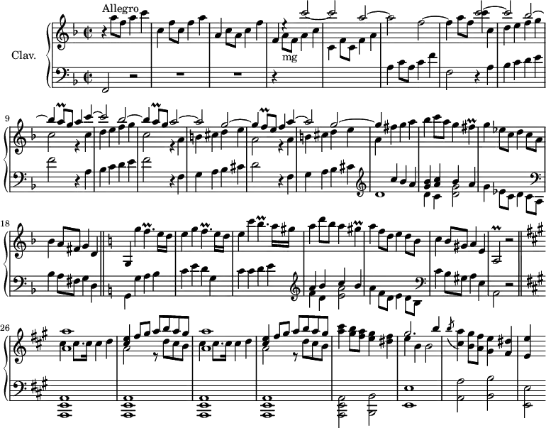 \version "2.18.2"
\header {
tagline = ##f
}
%% les petites notes
trillAq = { \tag #'print { a8\prall } \tag #'midi { bes32 a bes a } }
trillFq = { \tag #'print { f8\prall } \tag #'midi { g32 f g f } }
trillFis = { \tag #'print { fis4\prall } \tag #'midi { g32 fis g fis~ fis8 } }
trillFp = { \tag #'print { f4.\prall } \tag #'midi { g32 f g f~ f4 } }
trillBp = { \tag #'print { b4.\prall } \tag #'midi { c32 b c b~ b4 } }
trillGis = { \tag #'print { gis4\prall } \tag #'midi { a32 gis a gis~ gis8 } }
trillAbDown = { \tag #'print { a,2\prall } \tag #'midi { bes32 a bes a~ a8~ a4 } }
upper = \relative c'' {
\clef treble
\key f \major
\time 2/2
\tempo 2 = 82
\set Staff.midiInstrument = #"harpsichord"
\override TupletBracket.bracket-visibility = ##f
s8*0^\markup{Allegro}
r4 a'8 f a4 c | c, f8 c f4 a | a, c8 a c4 f | f, e'4\rest \stemUp c'2~ c a~ | \stemNeutral
% ms. 6
a2 f2~ | f4 a8 f
<< { c'2~ | c bes~ | bes4 \trillAq g8 a4 c~ | c2 bes~ | bes4 \trillAq g8 a2~ | a g2~ | g4 \trillFq e8 f4 a~ | a2 g~ | g4 }
\\ { c4 \repeat unfold 2 { c, | d e f g | c,2 r4 } a4 | b cis d e | a,2 r4 a4 | b cis d e | a,4 } >> fis'4 g a |
% ms. 16
bes4 c8 a g4 \trillFis | g4 ees8 c d4 c8 a | bes4 a8 fis g4 d \bar "||" \key c \major g,4 g''4 \trillFp e16 d | e4 g \trillFp e16 d |
% ms. 21
e4 c' \trillBp a16 gis | a4 d8 b a4 \trillGis | a4 f8 d e4 d8 b | c4 b8 gis a4 e | \trillAbDown r2 \bar "||" \key a \major
% ms. 26
\repeat unfold 2 { << { < a' a' >1 | < cis e >4 fis8 gis a b a gis } \\ { cis,4 cis8. cis16 cis4 d | a2 r8 d8 cis b } >> } | < a' cis >4 < gis b >8 < fis a > < e gis >4 < dis fis >
% ms. 31
<< { gis2. b4 } \\ { e,4 b4 b2 } >> \acciaccatura b'8 < cis, a' >4 < b gis' >8 < a fis' > < gis e' >4 < fis dis' > | < e e' >4 s4
}
lower = \relative c' {
\clef bass
\key f \major
\time 2/2
\set Staff.midiInstrument = #"harpsichord"
\override TupletBracket.bracket-visibility = ##f
% ************************************** \appoggiatura \repeat unfold 2 { } \times 2/3 { }
f,,2 r2 | R1*2 | r4 \stemDown \change Staff = "upper" a''8-\markup{mg} f a4 c | c, f8 c f4 a | \change Staff = "lower"
% ms. 6
a,4 c8 a c4 f | f,2 \repeat unfold 2 { r4 a4 | bes c d e | f2 }
% ms. 11 fin
r4 f,4 g a bes cis | d2 r4 f,4 g a bes cis | \clef treble << { s4 c'4 bes a | < g bes > < a c > bes a } \\ { d,1 | d4 c < d g >2 } >> g4 ees8 c d4 c8 a | \clef bass bes4 a8 fis g4 d | \key c \major
% ms. 17
g,4 g' a b c e d g, |
% ms. 21
c4 c d e | \clef treble << { a4 b c b } \\ { f4 d < e a >2 } >> a4 f8 d e4 d8 b | \clef bass c4 b8 gis a4 e | a,2 r2 | \key a \major
% ms. 26
\repeat unfold 4 { < a, e' a >1 } q2 < b b' >2 |
% ms. 31
< e e' >1 | < a a' >2 < b b' > < e, e' >2
}
thePianoStaff = \new PianoStaff <<
\set PianoStaff.instrumentName = #"Clav."
\new Staff = "upper" \upper
\new Staff = "lower" \lower
>>
\score {
\keepWithTag #'print \thePianoStaff
\layout {
#(layout-set-staff-size 17)
\context {
\Score
\override SpacingSpanner.common-shortest-duration = #(ly:make-moment 1/2)
\remove "Metronome_mark_engraver"
}
}
}
\score {
\keepWithTag #'midi \thePianoStaff
\midi { }
}