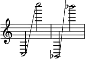 { \override Score.TimeSignature #'stencil = ##f c2 \glissando c''''2 bes,2 \glissando bes'''2 }