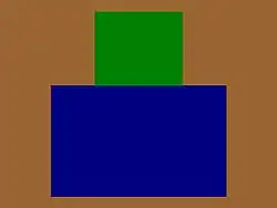 Rectangle bleu foncé surmonté d'un carré vert sur fond brun