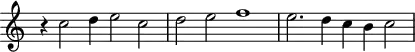 \header {
tagline = ##f
}
\score {
\new Staff \with {
\remove "Time_signature_engraver"
}
<<
\relative c'' {
\key c \major
%\clef bass
\time 4/2
\override TupletBracket #'bracket-visibility = ##f
%%% f° 105v
r4 c2 d4 e2 c d e f1 e2. d4 c b c2
}
>>
\layout {
\context { \Score \remove "Metronome_mark_engraver" }
}
\midi {}
}