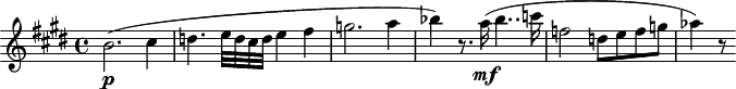 
\header {
  tagline = ##f
}

\score {
  \new Staff \with {

  }
<<
  \relative c'' {
    \key e \major
    \time 4/4
    \tempo 4 = 85
    \override TupletBracket #'bracket-visibility = ##f
    \set Score.currentBarNumber = #51
    \autoBeamOff
    %\set Staff.midiInstrument = #"string ensemble 1"
    \set Staff.midiInstrument = #"clarinet"

     %%% AB 7-1 th2
     b2.\p ( cis4 d!4. e32[ d cis d] e4 fis g!2. a4 bes) r8. a16\mf( bes4.. c!16 f,!2 d!8[ e f g!] aes4) r8

  }
>>
  \layout {
    \context { \Score \remove "Metronome_mark_engraver"
    }
  }
  \midi {}
}
