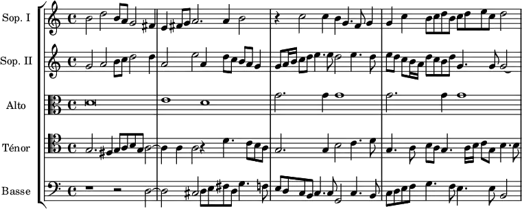 
\version "2.18.2"
\header { 
  tagline = ##f
}
global= {
  \time 4/2
  \set Staff.timeSignatureFraction = 4/4
  \key c \major
  \tempo 2 = 60
}

Soprano = \new Voice \relative c'' {
  \set Staff.instrumentName = #"Sop. I"
  \set Staff.midiInstrument = #"orchestral harp"
 
    b2 d b8 a g2 fis4 | e fis8 g a2. a4 b2 | r4 c2 c4 b g4. f8 g4 | g c b8 c d b c d e c d2
  
    %\addlyrics {    } % impossible de mettre le texte pour l'instant...
   
}

SopranoB = \new Voice \relative c'' {
  \set Staff.instrumentName = #"Sop. II"
  \set Staff.midiInstrument = #"orchestral harp"
  \tempo 2 = 120
 
    g2 a b8 c d2 d4 | a2 e' a,4 d8 c b a g4 | g8 a16 b c8 d e4. e8 d2 e4. d8 e d c b16 a d8 c b d g,4. g8 g2*1/2~ \hideNotes g4
  
   % \addlyrics { Di- xit Do---- mi- nus, Do- mi- nus Do--- } % impossible de mettre le texte pour l'instant...
   
}

Alto = \new Voice \relative c' {
  \set Staff.instrumentName = #"Alto"
  \clef alto
  \set Staff.midiInstrument = #"orchestral harp" %recorder"
 
  d\breve | e1 d | \repeat unfold 2 { g2. g4 g1 }

}

Tenor = \new Voice \relative c' {
  \set Staff.instrumentName = #"Ténor"
  \clef tenor
  \set Staff.midiInstrument = #"orchestral harp"

  g2. fis4 g8 a b g a2~ a4 a a2 r4 d4. c8 b a | g2. g4 b2 c4. d8 | g,4. a8 b8 a g4. a16 b c8 g b4. b8

}

Basse = \new Voice \relative c {
  \set Staff.instrumentName = #"Basse"
  \clef bass
  \set Staff.midiInstrument = #"orchestral harp"

  r1 r2 d2~ d cis d8 e fis d g4. f8  | e d c b c4. c8 g2 c4. b8  | c8 d e f g4. f8 e4. e8 b2

}

\score {
  \new StaffGroup <<
    \new Staff << \global \Soprano >>
    \new Staff << \global \SopranoB >>
    \new Staff << \global \Alto >>
    \new Staff << \global \Tenor >>
    \new Staff << \global \Basse >>
  >>
  \layout {
    #(layout-set-staff-size 17)
    \context {
      \Score
      \remove "Metronome_mark_engraver"
      \override SpacingSpanner.common-shortest-duration = #(ly:make-moment 1/2)
    }
  }
  \midi { }
}
