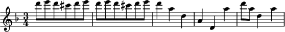 \header {
tagline = ##f
}
\score {
\new Staff \with {
}
<<
\relative c'' {
\key f \major
\time 3/4
\tempo 4 = 140
\override TupletBracket #'bracket-visibility = ##f
%\autoBeamOff
\set Staff.midiInstrument = #"string ensemble 1"
%% AB 3-3 th1
d'8e d cis d e d e d cis d e d4 a d, a d, a'' d8 a d,4 a'
}
>>
\layout {
\context { \Score \remove "Metronome_mark_engraver"
}
}
\midi {}
}