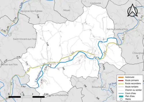 Carte en couleur présentant le réseau hydrographique de la commune