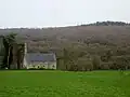 La chapelle Notre-Dame-des-Fleurs (ou Notre-Dame-de-Bleun) devant la forêt de Duault.