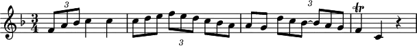
\header {
  tagline = ##f
}

\score {
  \new Staff \with {

  }
<<
  \relative c' {
    \key f \major
    \time 3/4
    \override TupletBracket #'bracket-visibility = ##f 
    %\autoBeamOff

     %%%%%%%%%%%%%%%%%%%%%%%%%% K15m
     \times 2/3 { f8 a bes } c4 c \times 2/3 { c8 d e f e d c bes a } a8 g \times 2/3 { d'8 c bes~ bes a g } f4\trill c r4

  }
>>
  \layout {
    \context {
      \remove "Metronome_mark_engraver"
    }
  }
  \midi {}
}
