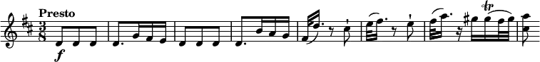 \relative c' {
\version "2.18.2"
\key d \major
\time 3/8
\tempo "Presto"
\tempo 4 = 100
d8 \f d d
d8. g16 fis e
d8 d d
d8. b'16 a g
fis32 (d'16.) r8 cis8-!
e32 (fis16.) r8 e8-!
fis32 (a16.) r16 gis16 gis16\trill (fis32 gis) <cis, a'>8
}