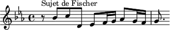 \version "2.18.2"
\header {
tagline = ##f
}
\score {
\new Staff \with {
}
<<
\relative c'' {
\key ees \major
\time 4/4
%% SUJET Fischer
r8^\markup{Sujet de Fischer} bes8 c d, ees f16 g aes8 g16 f g8.
}
>>
\layout {
\context { \Score \remove "Metronome_mark_engraver"
%\override SpacingSpanner.common-shortest-duration = #(ly:make-moment 1/2)
}
}
\midi {}
}