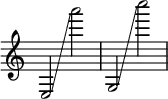 { \override Score.TimeSignature #'stencil = ##f \time 2/2 e2 \glissando a'''2 g2 \glissando c''''2 }