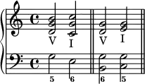 \version "2.18.2"
\header {
tagline = ##f
}
upper = \relative c'' {
\clef treble
\key c \major
\time 4/4
\tempo 4 = 80
%%
< b g d >2-V < c g c, >-I
< g d >2-V < g e >-I
}
lower = \relative c' {
\clef bass
\key c \major
\time 4/4
g2_5 e_6 \bar "||"
< g b, >2_6 < g c, >_5 \bar "||"
}
\score {
\new PianoStaff <<
\set PianoStaff.instrumentName = #""
\new Staff = "upper" \upper
\new Staff = "lower" \lower
>>
\layout {
\context { \Score \remove "Metronome_mark_engraver"
}
}
\midi { }
}