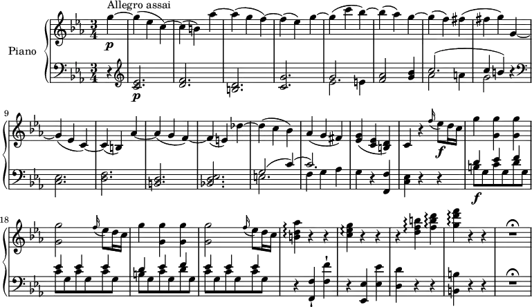 \version "2.18.2"
\header {
tagline = ##f
}
upper = \relative c' {
\clef treble
\key ees \major
\time 3/4
\tempo "Allegro assai"
\tempo 4 = 200
%\autoBeamOff
% Incipit Mozart, sonate K.457
\partial 4 g''4 \p ^ \markup {Allegro assai } ~ g (ees c)
~ c (b) aes' ~
aes (g f) ~ f (ees) g ~
g (c bes) ~ bes (aes) g ~
g (f) fis (fis g)
g, ~ g (ees c) ~
c (b) aes' ~ aes (g f)
~ f (e) des' ~ des (c bes)
aes (g fis)
<ees g> (<c ees> <b d>)
c4 r \grace f'16 (ees8)\f d16 c
g'4 <g, g'> <g g'> <g g'>2 \grace f'16 (ees8) d16 c
g'4 <g, g'> <g g'> <g g'>2 \grace f'16 (ees8) d16 c
<b d aes'>4 \arpeggio r r
<c ees g>\arpeggio r r
r <d f b>\arpeggio <f b d>\arpeggio
<g d' f>\arpeggio r r R2.^\fermata
}
lower = \relative c' {
\clef bass
\key ees \major
\time 3/4
\partial 4 r4
\clef treble <c ees>2. \p <d f>
<b d> <c g'> << { \stemDown ees2 e4} \\ { \stemUp g2. } >>
<f aes>2 <g bes>4
<< { \stemDown aes2 a4 g2} \\ { \stemUp c2. ^ (c4 b) } >> r4 \clef bass
<c,, ees>2. <d f> <b d> <bes! d es>
<< { \stemDown e!2. f4 g aes} \\ { \stemUp g2 ^(c4) ^ (c2.) } >>
g4 r <f, f'>
<c' es> r r
<< { \stemDown b'8\f g c g d' g, c g c g c g b g c g d' g, c g c g c g } \\ { \stemUp d'4 ees f ees ees ees d ees f ees ees ees } >>
r4 <f,, f'>-! <f' f'>-!
r <ees, ees'> <ees' ees'>
<d d'> r r <b b'> r r
R2.^\fermata
}
\score {
\new PianoStaff <<
\set PianoStaff.instrumentName = #"Piano"
\new Staff = "upper" \upper
\new Staff = "lower" \lower
>>
\layout {
\context {
\Score
\remove "Metronome_mark_engraver"
}
}
\midi { }
}