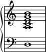 {
\override Score.TimeSignature #'stencil = ##f
\relative c' { \new PianoStaff <<
\new Staff { \clef treble \time 4/4 \hide Staff.TimeSignature <a c e g b>1 }
\new Staff { \clef bass \time 4/4 \hide Staff.TimeSignature <d,>1 }
>> } }