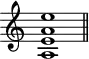 
\header {
  tagline = ##f
}

\score {
  \new Staff \with {
    \remove "Time_signature_engraver"
  }
  \relative c'' {
    \key c \major
    \time 9/1
    \tempo 1 = 60
    \autoBeamOff
    \clef treble
    \override Rest #'style = #'classical

      << a,1 e' a e' >>

    \bar "||"
  }
  \layout {
    \context {
      \Score
      \remove "Metronome_mark_engraver"
    }
  }
  \midi {}
}
