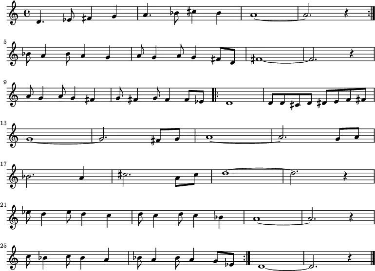 \new Staff {
\relative c'' {
\key c \major
\time 4/4
\repeat volta 2 {
d,4. ees8 fis4 g
a4. bes8 cis4 bes
a1 ~
a2. r4
} \break
bes8 a4 bes8 a4 g
a8 g4 a8 g4 fis8 d
fis1 ~
fis2. r4 \break
a8 g4 a8 g4 fis
g8 fis4 g8 fis4 fis8 ees
\repeat volta 2 {
d1
d8 d cis d dis e f fis \break
g1 ~
g2. fis8 g
a1 ~
a2. g8 a \break
bes2. a4
cis2. a8 cis
d1 ~
d2. r4 \break
ees8 d4 ees8 d4 c
d8 c4 d8 c4 bes
a1 ~
a2. r4 \break
c8 bes4 c8 bes4 a
bes8 a4 bes8 a4 g8 ees
}
d1 ~
d2. r4 \bar "|."
} }
\midi {
\context {
\Score
tempoWholesPerMinute = #(ly:make-moment 220 4)
}
}