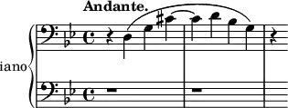 \new PianoStaff \with {
instrumentName = "Piano"
} <<
\new Staff = "right" \with {
midiInstrument = "acoustic grand"
} {
\clef bass \relative c' {
\key bes \major
\time 4/4
\tempo "Andante."
r4 d,( g cis ~ cis d bes g) r
}
}
\new Staff = "left" \with {
midiInstrument = "acoustic grand"
} {
\clef bass \relative c' {
\key bes \major
\time 4/4
\tempo "Andante."
r1 r1 s4
}
}
>>