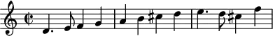 \header {
tagline = ##f
}
\score {
\new Staff \with {
}
<<
\relative c' {
\key c \major
\time 2/2
\override TupletBracket #'bracket-visibility = ##f
%%% f° 75v-76v
d4. e8 f4 g a b cis d e4. d8 cis4 f
}
>>
\layout {
\context { \Score \remove "Metronome_mark_engraver" }
}
\midi {}
}