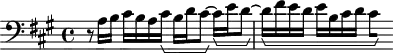 
\version "2.18.2"
\header {
  tagline = ##f
}

\score {
  \new Staff \with {

  }
<<
  \relative c' {
    \clef bass
    \key a \major
    \time 4/4
    \set Staff.midiInstrument = #"harpsichord" 

     %% SUJET fugue CBT II-19, BWV 888, la majeur
     r8 a16 b cis b a cis\startGroup b d cis8~\stopGroup cis16\startGroup  e d8~\stopGroup  d16\startGroup fis e d e b cis d
{ 
 % suppression des warnings :
 #(ly:set-option 'warning-as-error #f)
 #(ly:expect-warning (_ "stem does not fit in beam")) %% <= à traduire éventuellement
 #(ly:expect-warning (_ "beam was started here")) %% <= à traduire éventuellement
  \set stemRightBeamCount = #1
  cis4*1/2[ s] \stopGroup
}

  }
>>
  \layout {
     \context { \Score \remove "Metronome_mark_engraver" 
     \consists "Horizontal_bracket_engraver"
     \override SpacingSpanner.common-shortest-duration = #(ly:make-moment 1/3)
     }
  }
  \midi {} 
}
