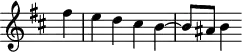 
\version "2.18.2"
\header {
  tagline = ##f
}

\score {
  \new Staff \with {
    \remove "Time_signature_engraver"
  }
<<
  \relative c'' {
    \key b \minor
    \time 4/4

     %% CONTRE-SUJET fugue CBT I-24, BWV 869, si mineur 
     \partial 4 fis4 e d cis b~ b8 ais b4 

  }
>>
  \layout {
     \context { \Score \remove "Metronome_mark_engraver" 
     %\override SpacingSpanner.common-shortest-duration = #(ly:make-moment 1/2) 
}
  }
  \midi {} 
}
