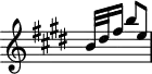 
\version "2.18.2"
\header {
  tagline = ##f
}

\score {
<<
  \relative c'' {
    \key e \major
    \time 3/8
    \override TupletBracket #'bracket-visibility = ##f 
    \omit Staff.TimeSignature

     %%%%%%
     	\stemUp b32[ dis fis16] b8[ e,]

  }
>>
  \layout {
     #(layout-set-staff-size 17)
     \context { \Score \remove "Metronome_mark_engraver" 
     \override SpacingSpanner.common-shortest-duration = #(ly:make-moment 1/2)
     }
  }
  \midi { \set Staff.midiInstrument = #"violin" }
}
