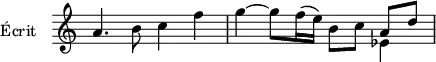 
\version "2.18.2"
\header {
  tagline = ##f
}

\score {
  \new Staff \with {
    \remove "Time_signature_engraver"
    instrumentName = #"Écrit "
  }
  \relative c'' {
    \time 2/2
    \tempo 4 = 92
    \clef treble
    \override Rest #'style = #'classical
                   %% ********************************************** %%%%%%%%%%%%%%%%%%%
                   %% A T T E N T I O N    LES     R O B O T S       %%%%%%%%%%%%%%%%%%%
                   %% NE PAS TOUCHER LE CODE QUI SUIT
                   % LA SYNTAXE LILYPOND EST CORRECTE
                   % CE N'EST PAS DE LA PONCTUATION FRANÇAISE !!!    %%%%%%%%%%%%%%%%%%%
                   % CE N'EST PAS DE LA PONCTUATION FRANÇAISE !!!    %%%%%%%%%%%%%%%%%%%
                   % CE N'EST PAS DE LA PONCTUATION FRANÇAISE !!!    %%%%%%%%%%%%%%%%%%%
                   %% ********************************************** %%%%%%%%%%%%%%%%%%%
    \set Staff.keySignature = #`(((0 . 10) . ,SHARP)
                                ((0 . 11) . ,SHARP)
                                ((0 . 3) . ,FLAT)
                                ((0 . 4) . ,FLAT))

    a4. b8 c4 f | g~ g8 f16( e) b8 c 
    << { a d } \\ { ees,4 } >>|

  }
  \layout {
    \context {
      \Score
      \remove "Metronome_mark_engraver"
    }
  }
  \midi {}
}
