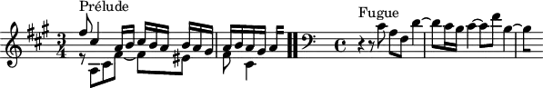 
\version "2.18.2"
\header {
  tagline = ##f
}

\score {
  \new Staff \with {

  }
<<
  \relative c' {
    \key fis \minor
    \time 3/4
	\set Staff.midiInstrument = #"harpsichord" 

     %% INCIPIT CBT II-14, BWV 883, fa-dièse mineur
     << { s8*0^\markup{Prélude} fis'8 cis4 a16 b \tuplet 3/2 { cis16[ b a] } \tuplet 3/2 { b a gis } | a16 b a gis 
{ 
 % suppression des warnings :
 #(ly:set-option 'warning-as-error #f)
 #(ly:expect-warning (_ "stem does not fit in beam")) %% <= à traduire éventuellement
 #(ly:expect-warning (_ "beam was started here")) %% <= à traduire éventuellement
  \set stemRightBeamCount = #2
  a4*1/4[ s]
}
 } \\ { r8 a,8 cis fis~ fis[ eis] | \once \override Staff.TimeSignature #'stencil = ##f \time 5/8 fis cis4 } >>  \bar ".." 
     \skip 8*1
      %\once \override Staff.Clef.full-size-change = ##t
     \relative c 
     \override Staff.Clef.extra-offset = #'( -1 . 0 )
     \clef bass
     \time 4/4 \relative c \partial 1
     r4^\markup{Fugue} r8 cis8 a fis d'4~ d8 cis16 b cis4~ cis8 fis b,4~ 
{ 
 % suppression des warnings :
 #(ly:set-option 'warning-as-error #f)
 #(ly:expect-warning (_ "stem does not fit in beam")) %% <= à traduire éventuellement
 #(ly:expect-warning (_ "beam was started here")) %% <= à traduire éventuellement
  \set stemRightBeamCount = #1
  b4*1/2[ s]
} 

  }
>>
  \layout {
     \context { \Score \remove "Metronome_mark_engraver" 
     \omit TupletNumber
     \override SpacingSpanner.common-shortest-duration = #(ly:make-moment 1/2) 
       }
  }
  \midi {}
}

