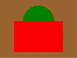 Un rectangle rouge surmonté d'un demi-cercle vert sur fond brun