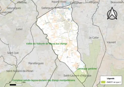 Carte des ZNIEFF de type 2 sur le territoire de la commune.