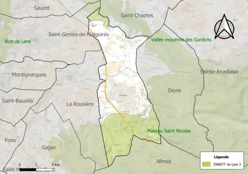 Carte des ZNIEFF de type 2 sur la commune.