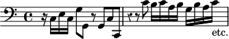 \version "2.14.2"
\header {
tagline = ##f
}
\score {
\new Staff \with {
% \remove "Time_signature_engraver"
% instrumentName = #"BuxWV 161 "
}
\relative c {
\key c \major
\time 4/4
\tempo 4 = 60
%\autoBeamOff
\clef bass
\override Rest #'style = #'classical
r16 \stemDown c16 e c g'8 g, r8 \stemUp g c c, | r4 r8 \stemDown c''8 b16 c a b g b a c-"etc."
}
\layout {
#(layout-set-staff-size 17)
\context {
\Score
\remove "Metronome_mark_engraver"
\override SpacingSpanner.common-shortest-duration = #(ly:make-moment 1/2)
}
}
\midi { \set Staff.midiInstrument = #"church organ"}
}
