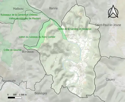 Carte des ZNIEFF de type 1 sur la commune.