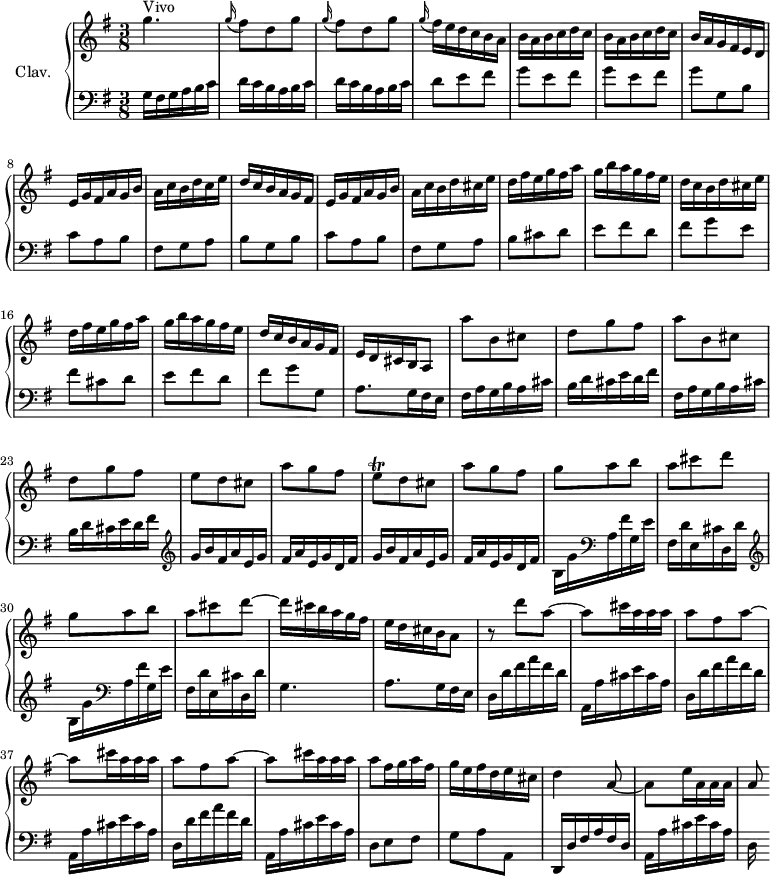 \version "2.18.2"
\header {
tagline = ##f
% composer = "Domenico Scarlatti"
% opus = "K. 125"
% meter = "Allegro"
}
%% les petites notes
trillBesp = { \tag #'print { bes4.\prall } \tag #'midi { c32 bes c bes~ bes4 } }
upper = \relative c'' {
\clef treble
\key g \major
\time 3/8
\tempo 4. = 82
\set Staff.midiInstrument = #"harpsichord"
\override TupletBracket.bracket-visibility = ##f
s8*0^\markup{Vivo}
g'4. | \repeat unfold 2 { \appoggiatura g16 fis8 d g } | \appoggiatura g16 fis16 e d c b a | b a b c d c |
% ms. 6
b16 a b c d c | b a g fis e d | e g fis a g b | a c b d c e | d c b a g fis | e g fis a g b |
% ms. 12
a16 c b d cis e | d fis e g fis a | g b a g fis e | d c b d cis e | d fis e g fis a | g b a g fis e |
% ms. 18
d16 c b a g fis e d cis b a8 | \repeat unfold 2 { a''8 b, cis | d g fis } |
% ms. 24
e8 d cis | a' g fis | e\trill d8 cis a' g fis | \repeat unfold 2 { g8 a b |
% ms. 29
a cis d~ } | d16 cis b a g fis | e d cis b a8 | r8 d'8 a~ |
% ms. 35
a8 cis16 a a a | \repeat unfold 2 { a8 fis a~ a8 cis16 a a a } | a8 fis16 g a fis |
% ms. 41
g16 e fis d e cis | d4 a8~ | a8 e'16 a, a a | a8
}
lower = \relative c' {
\clef bass
\key g \major
\time 3/8
\set Staff.midiInstrument = #"harpsichord"
\override TupletBracket.bracket-visibility = ##f
% ************************************** \appoggiatura a8 \repeat unfold 2 { } \times 2/3 { } \omit TupletNumber
g16 fis g a b c | \repeat unfold 2 { d c b a b c } | d8 e fis | \repeat unfold 2 { g e fis } |
% ms. 7
g8 g, b | c a b | fis g a | b g b | c a b |
% ms. 12
fis8 g a | b cis d | e fis d | fis g e | fis cis d | e fis d |
% ms. 18
fis8 g g, | a8. g16 fis e | \repeat unfold 2 { fis16 a g b a cis | b d cis e d fis } | \clef treble
% ms. 24
\repeat unfold 2 { g16 b fis a e g | fis a e g d fis } | \repeat unfold 2 { \clef treble b,16 g' \clef bass a, fis' g, e' |
% ms. 29
fis,16 d' e, cis' d, d' } | g,4. | a8. g16 fis e | \repeat unfold 3 { d16 d' fis a fis d |
% ms. 35
a,16 a' cis e cis a } |
% ms. 40
d,8 e fis | g a a, | d,16 d' fis a fis d | a16 a' cis e cis a | d,
}
thePianoStaff = \new PianoStaff <<
\set PianoStaff.instrumentName = #"Clav."
\new Staff = "upper" \upper
\new Staff = "lower" \lower
>>
\score {
\keepWithTag #'print \thePianoStaff
\layout {
#(layout-set-staff-size 17)
\context {
\Score
\override SpacingSpanner.common-shortest-duration = #(ly:make-moment 1/2)
\remove "Metronome_mark_engraver"
}
}
}
\score {
\keepWithTag #'midi \thePianoStaff
\midi { }
}