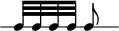 
\header {
  tagline = ##f
}

\score {
  \new RhythmicStaff {
    \time 3/8
    \numericTimeSignature
    \omit Staff.TimeSignature

   c32[ c c c] c8

  }
  \layout {
   % indent = #0
  }
  \midi {}
}
