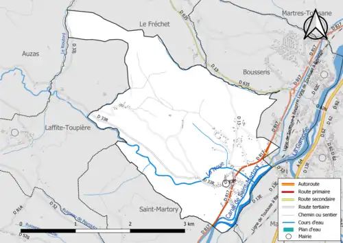 Carte en couleur présentant le réseau hydrographique de la commune
