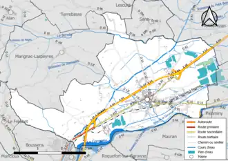 Carte en couleur présentant le réseau hydrographique de la commune