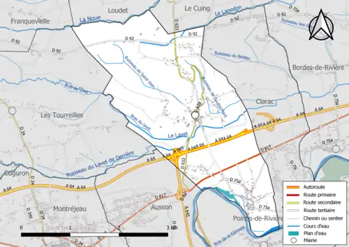 Carte en couleur présentant le réseau hydrographique de la commune