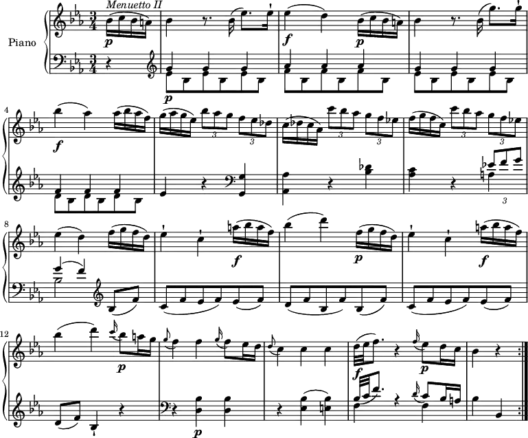 
\version "2.18.2"
\header {
  tagline = ##f
}
upper = \relative c' {
  \clef treble
  \key ees \major
  \time 3/4
  \tempo "Menuetto"
  \tempo 4 = 130
  %\autoBeamOff

  \partial 4 bes'16 \p ^\markup{ \italic {Menuetto II } } (c bes a) 
  bes4 r8. bes16 (ees8.) ees16-!
  ees4 \f (d) bes16 \p  (c bes a) 
  bes4 r8. bes16 (g'8.) g16-!
  bes4 \f (aes) aes16   (bes aes f) 
  g (aes g ees) \tuplet 3/2 {bes'8 aes g} \tuplet 3/2 {f ees des}
  c16 (des c aes) \tuplet 3/2 {c'8 bes aes} \tuplet 3/2 {g f ees!}
  f16 (g f c) \tuplet 3/2 {c'8 bes aes} \tuplet 3/2 {g f ees!}
  ees4 (d) f16 (g f d) 
  ees4-! c-! a'16 \f (bes a f)
  bes4 (d) f,16 \p (g f d)
  ees4-! c-! a'16 \f (bes a f)
  bes4 (d) \grace c16 (bes8) \p a16 g
  \grace g8 (f4) f \grace g16 (f8) ees16 d
  \grace d8 (c4) c c
  d32 \f (ees f8.) r4 \grace f16 (ees8) \p d16 c
  bes4 r \bar ":|."
}

lower = \relative c' {
  \clef bass
  \key ees \major
  \time 3/4
  \partial 4 r4
  \clef treble
  \set Staff.midiMinimumVolume = #0.2 \set Staff.midiMaximumVolume = #0.5
    <<{\stemDown \repeat unfold 3 {ees8 bes} \repeat unfold 3 {f' bes,} \repeat unfold 3 {ees8 bes } \repeat  unfold 3 {d bes}} 
    \\ {\stemUp g'4\p  g g aes aes aes g g g f f f}>> ees4 r4 
    \clef bass <g,, g'> <aes aes'> r <bes' des>
    <aes c> r <<{\stemDown a4 bes2} \\ {\stemUp \tuplet 3/2 {ees!8 f g} g4 ^(f)}>>
    \clef treble bes,8 (f') c (f es f) ees (f)
    d (f bes, f') bes, (f')
    c (f ees f) ees (f)
    d (f) bes,4-! r 
    \clef bass r <d, bes'>4 \p <d bes'>
    r <ees bes'> (<e bes'>)
    <<{ \stemDown f4 r f} \\ {\stemUp  bes32 (c f8.) s4 \grace d16 (c8) bes16 a }>>
    bes4 bes, \bar ":|."
}

\score {
  \new PianoStaff <<
    \set PianoStaff.instrumentName = #"Piano"
    \new Staff = "upper" \upper
    \new Staff = "lower" \lower
  >>
  \layout {
    \context {
      \Score
      \remove "Metronome_mark_engraver"
    }
  }
  \midi { }
}
