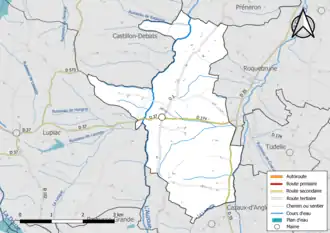 Carte en couleur présentant le réseau hydrographique de la commune