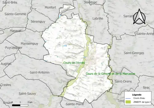 Carte des ZNIEFF de type 2 sur la commune.