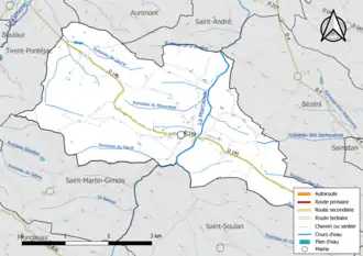 Carte en couleur présentant le réseau hydrographique de la commune