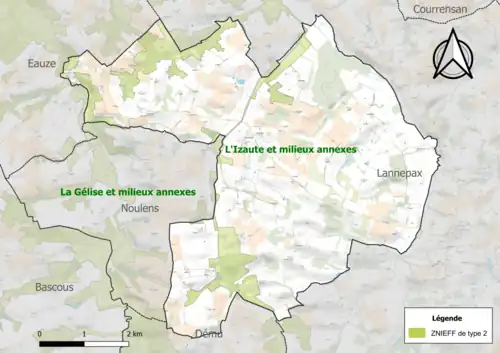 Carte des ZNIEFF de type 2 sur la commune.