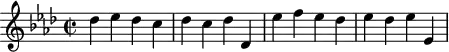 \header {
tagline = ##f
}
\score {
\new Staff \with {
}
<<
\relative c'' {
\key aes \major
\time 2/2
\tempo 2 = 86
\override TupletBracket #'bracket-visibility = ##f
%\autoBeamOff
\set Staff.midiInstrument = #"string ensemble 1"
%%%%%%%%%%%%%%%%%%%%%%%%%% AB 3-4 th3
des4 ees des c des c des des, ees' f ees des ees des ees ees,
}
>>
\layout {
\context { \Score \remove "Metronome_mark_engraver"
}
}
\midi {}
}