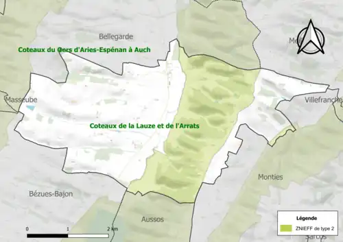 Carte de la ZNIEFF de type 2 dans la commune.
