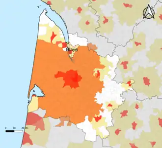 Localisation de l'aire d'attraction de Blaye dans le département de la Gironde.