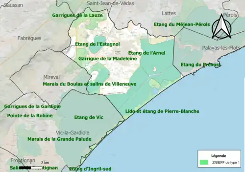 Carte des ZNIEFF de type 1 sur la commune.