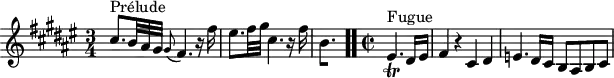 
\version "2.18.2"
\header {
  tagline = ##f
}

\score {

<<
  \relative c'' {
    \key fis \major
    \time 3/4
	\set Staff.midiInstrument = #"harpsichord" 
    \override TupletBracket.bracket-visibility = ##f

     %% INCIPIT CBT II-13, BWV 882, fa-dièse majeur
     s1*0^\markup{Prélude} cis8.*5/6 b32 ais gis \grace gis8( fis4.) r16 fis'16 eis8. fis32 gis cis,4. r16 fis16 \once \override Staff.TimeSignature #'stencil = ##f \time 3/8
{ 
 % suppression des warnings :
 #(ly:set-option 'warning-as-error #f)
 #(ly:expect-warning (_ "stem does not fit in beam")) %% <= à traduire éventuellement
 #(ly:expect-warning (_ "beam was started here")) %% <= à traduire éventuellement
  \set stemRightBeamCount = #1
  b,4.*1/2[ s]
} \bar ".."
     
     \time 2/2 \partial 2
     s1*0^\markup{Fugue} eis,4._\trill dis16 eis fis4  r4 cis dis e4. dis16 cis b8 ais b cis

  }
>>
  \layout {
     \context { \Score \remove "Metronome_mark_engraver"
     \override SpacingSpanner.common-shortest-duration = #(ly:make-moment 1/3)
        }
  }
  \midi {}
}
