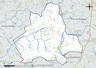 Carte en couleur présentant le réseau hydrographique de la commune