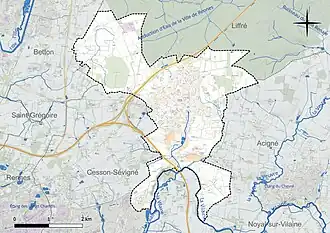 Carte en couleur présentant le réseau hydrographique de la commune