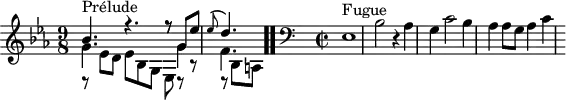 
\version "2.18.2"
\header {
  tagline = ##f
}

\score {
  \new Staff \with {
}
<<
  \relative c'' {
    \key ees \major
    \time 9/8
    \set Staff.midiInstrument = #"harpsichord" 

     %% INCIPIT CBT II-7, BWV 876, mi bémol majeur
     << { bes4.^\markup{Prélude} r4. r8 g8 ees' | \once \override Staff.TimeSignature #'stencil = ##f \time 3/8 \appoggiatura ees8 d4. } \\ { r8 ees,8 d ees bes g ees r8 r8 r8 bes'8 a } \\ { \stemDown g'4. s4. r8 g4 f4. } >>  \bar ".."
      \skip 8*1
      %\once \override Staff.Clef.full-size-change = ##t
     \relative c 
     \override Staff.Clef.extra-offset = #'( -1 . 0 )
     \time 2/2
     \clef bass ees,1^\markup{Fugue} bes'2 r4 aes4 | g c2 bes4 aes aes8[ g] aes4 c

  }
>>
  \layout {
     \context { \Score \remove "Metronome_mark_engraver" 
     \override SpacingSpanner.common-shortest-duration = #(ly:make-moment 1/2)
        }
  }
  \midi {}
}
