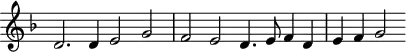 \header {
tagline = ##f
}
\score {
\new Staff \with {
\remove "Time_signature_engraver"
}
<<
\relative c' {
\key f \major
%\clef bass
\time 4/2
\override TupletBracket #'bracket-visibility = ##f
%%% f° 43v
d2. d4 e2 g f e d4. e8 f4 d e f g2
}
>>
\layout {
\context { \Score \remove "Metronome_mark_engraver" }
}
\midi {}
}