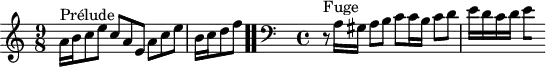 
\version "2.18.2"
\header {
  tagline = ##f
}

\score {
  \new Staff \with {
%fontSize = #-2
  }
<<
  \relative c'' {
    \key a \minor
    \time 9/8
	\set Staff.midiInstrument = #"harpsichord" 

     %% INCIPIT CBT I-20, BWV 865, la mineur
     s4*0^\markup{Prélude} a16 b c8 e c a e a c e \once \override Staff.TimeSignature #'stencil = ##f \time 3/8 b16 c d8 f \bar ".."

     \skip 8*1
     \override Staff.Clef.extra-offset = #'( -1 . 0 )
     \time 4/4 
     \clef bass 
     \partial 1
     r8^\markup{Fuge} a,,16 gis a8 b c c16 b c8 d e16 d c d 
{ 
 % suppression des warnings :
 #(ly:set-option 'warning-as-error #f)
 #(ly:expect-warning (_ "stem does not fit in beam")) %% <= à traduire éventuellement
 #(ly:expect-warning (_ "beam was started here")) %% <= à traduire éventuellement
  \set stemRightBeamCount = #1
  e4*1/2[ s]
}

  }
>>
  \layout {
     \context { \Score \remove "Metronome_mark_engraver" 
     \override SpacingSpanner.common-shortest-duration = #(ly:make-moment 1/2) 
}
  }
  \midi {}
}
